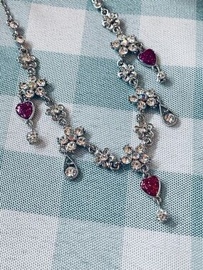Austrian Crystal Floral Necklace with Pink Heart Accents